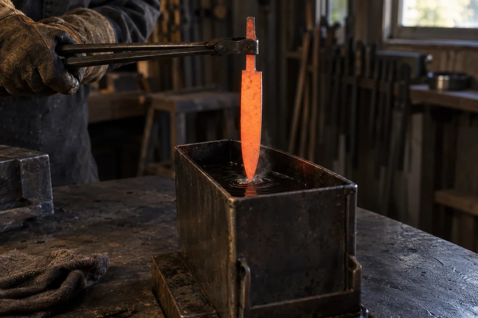 Glowing orange knife blank held vertically by tongs at the tang as its tip touches the oil in a steel tank