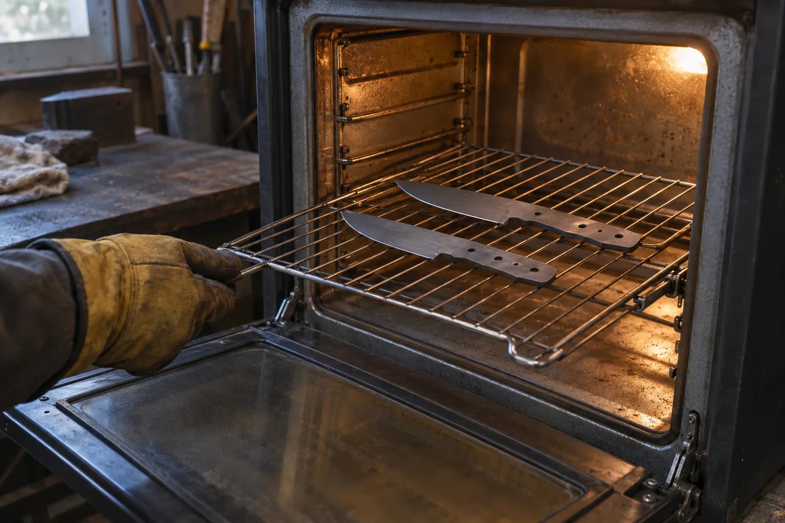 Gloved hand pulls a wire rack holding two gray knife blanks out of an open tempering oven with a warm interior lamp