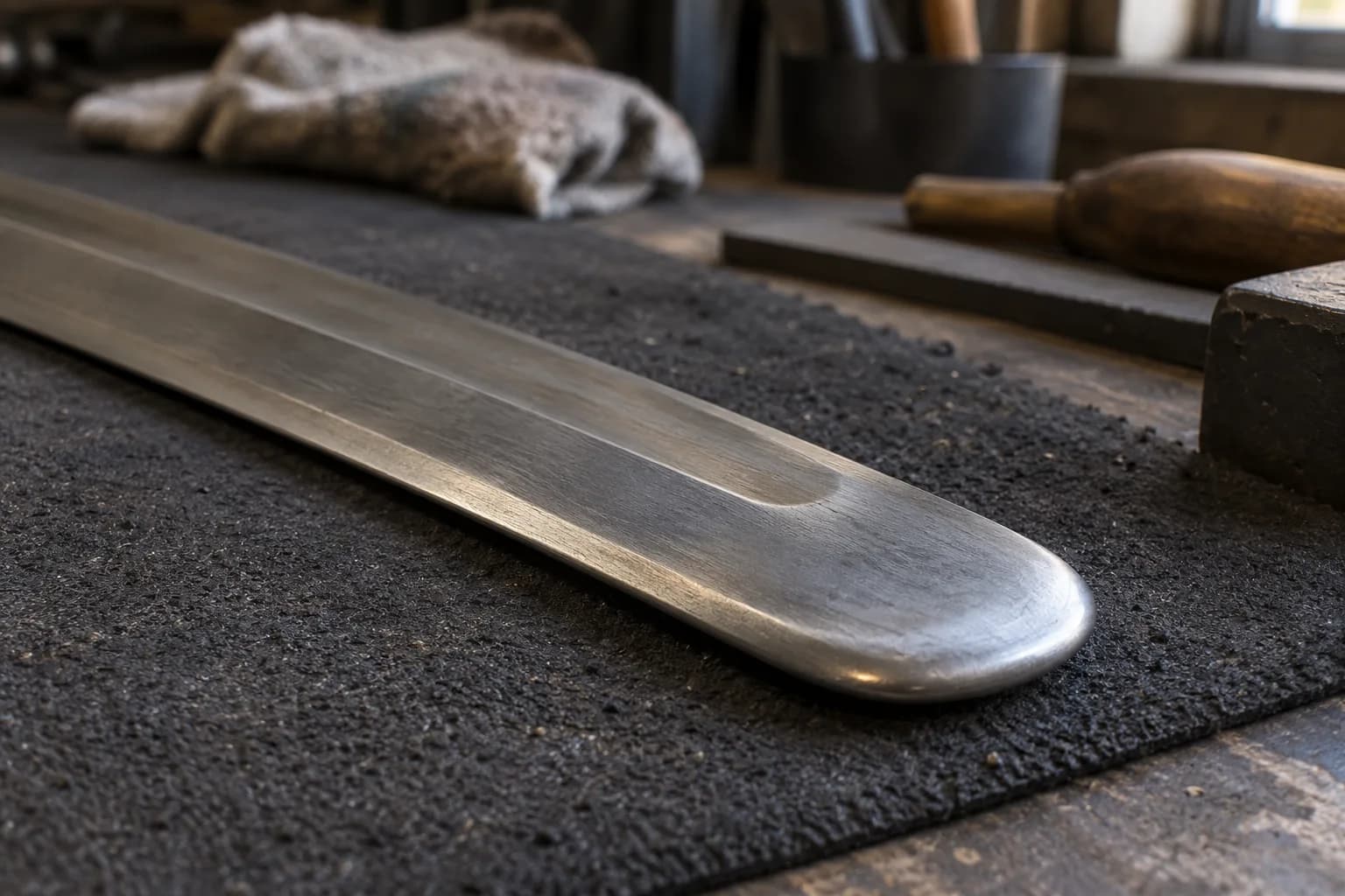 Cold blunt practice sword tip lying flat on a black rubber bench mat, with a thick rounded edge and smooth button tip