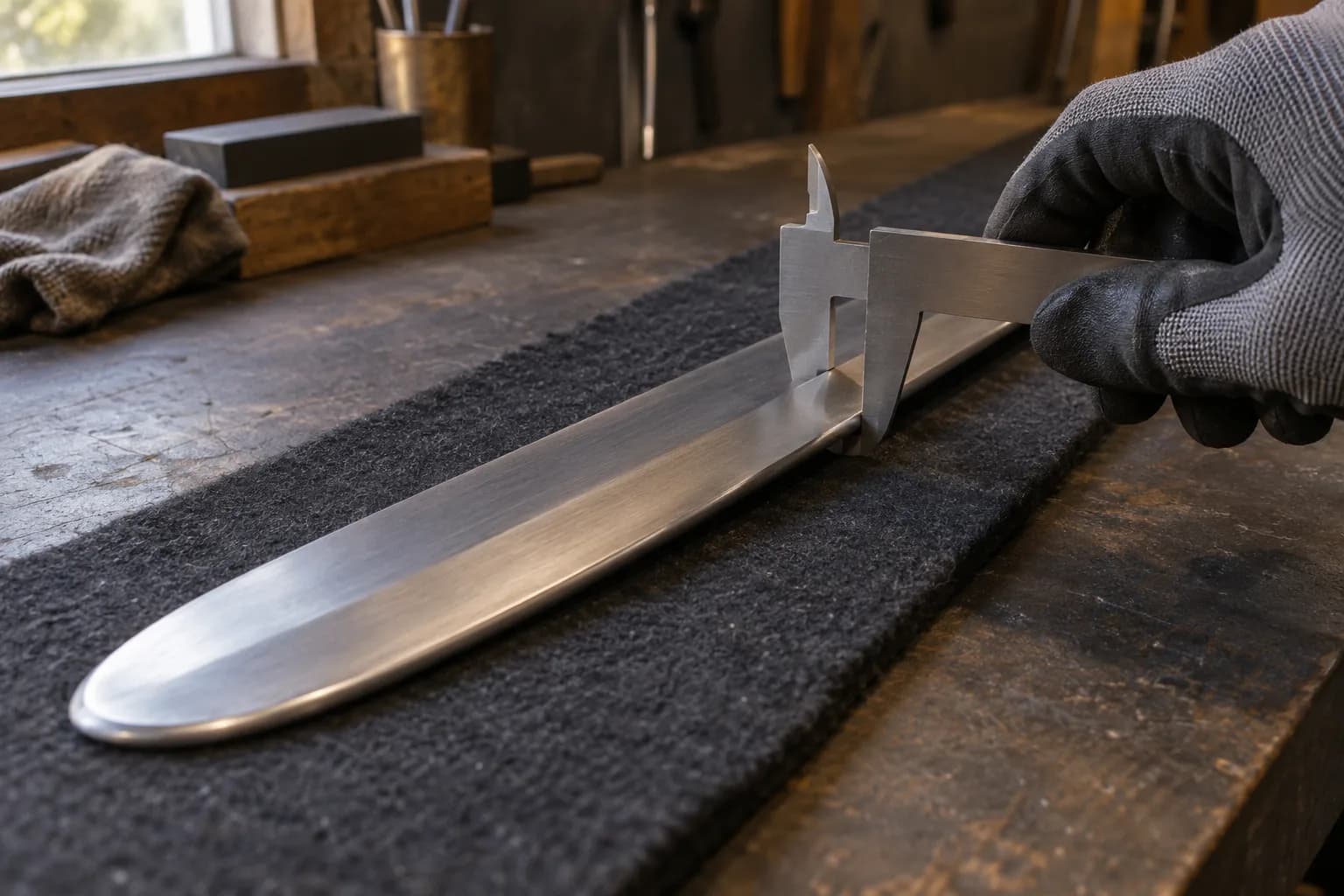 Long blunt steel sword blade lying flat on a dark felt pad, showing a broad rounded edge and a rounded tip.
