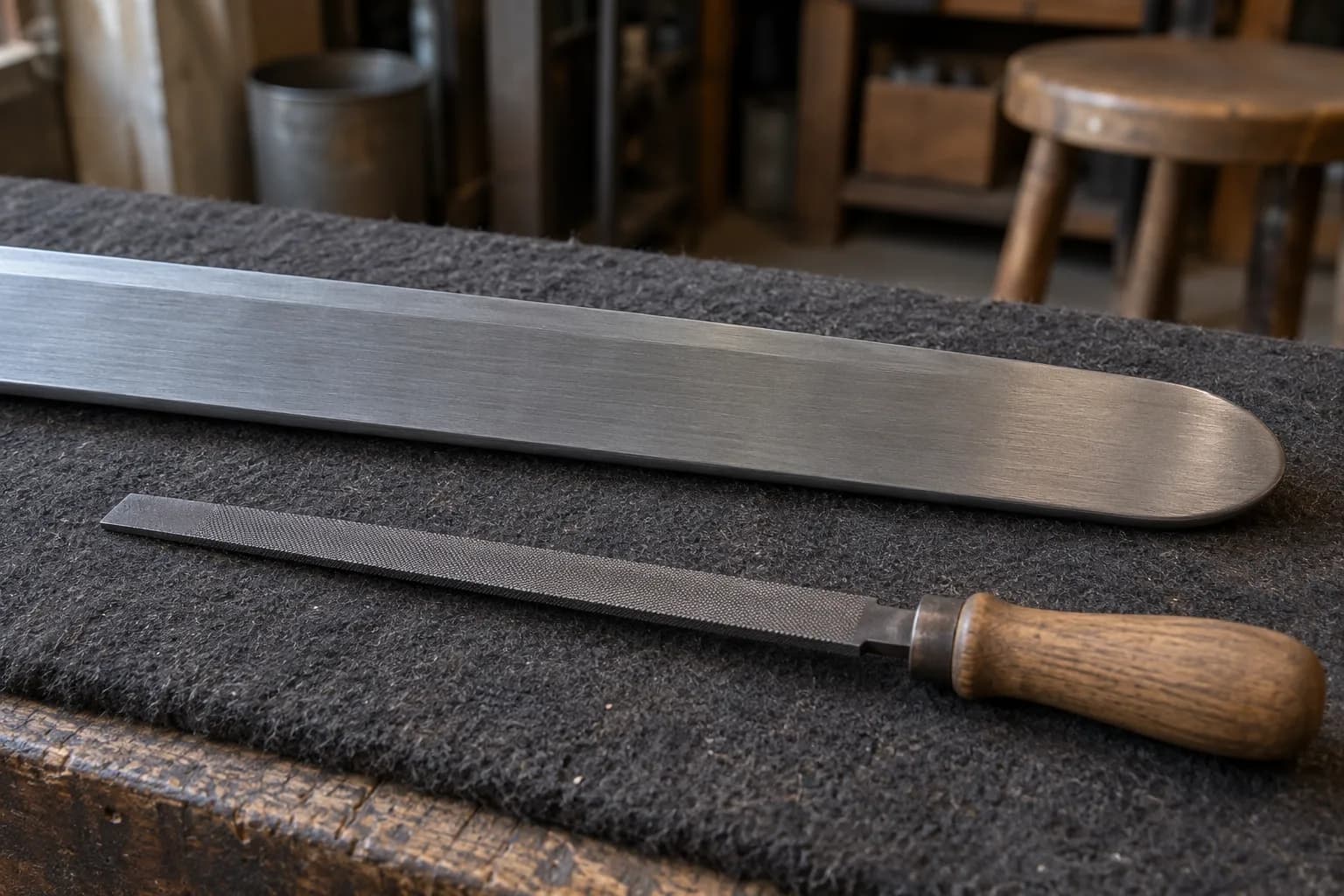 Wide rounded-tip steel practice blade lying flat on a dark pad beside a fine flat file with a wooden handle.