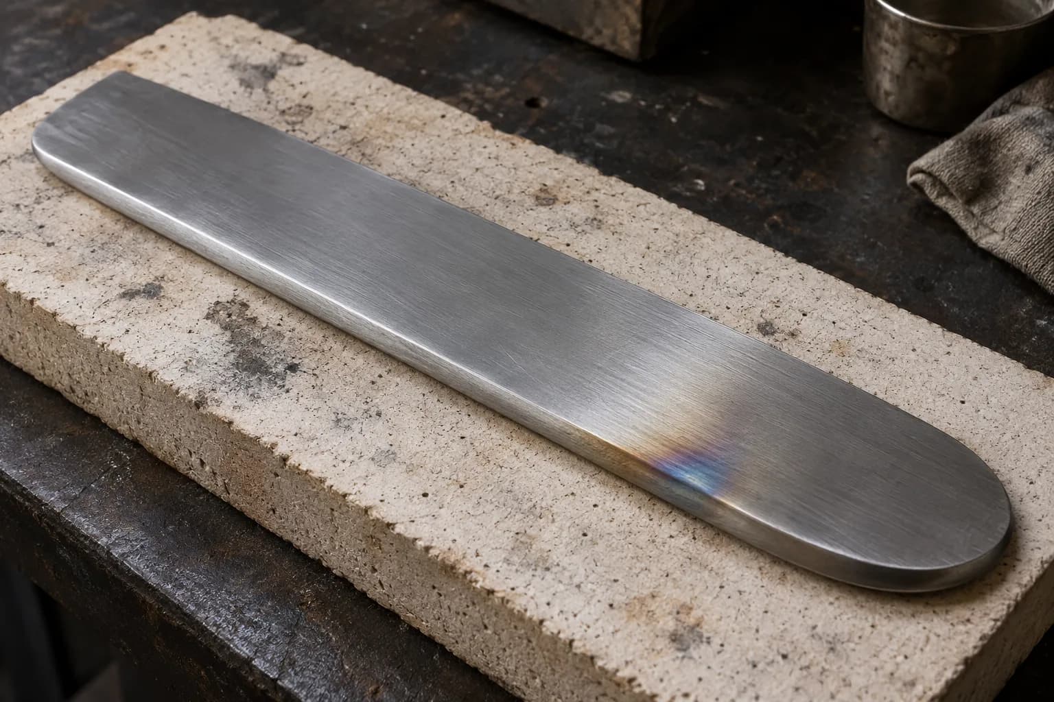Rounded-end steel blunt sample on a firebrick pad with one small blue and straw heat-tint patch near its edge.