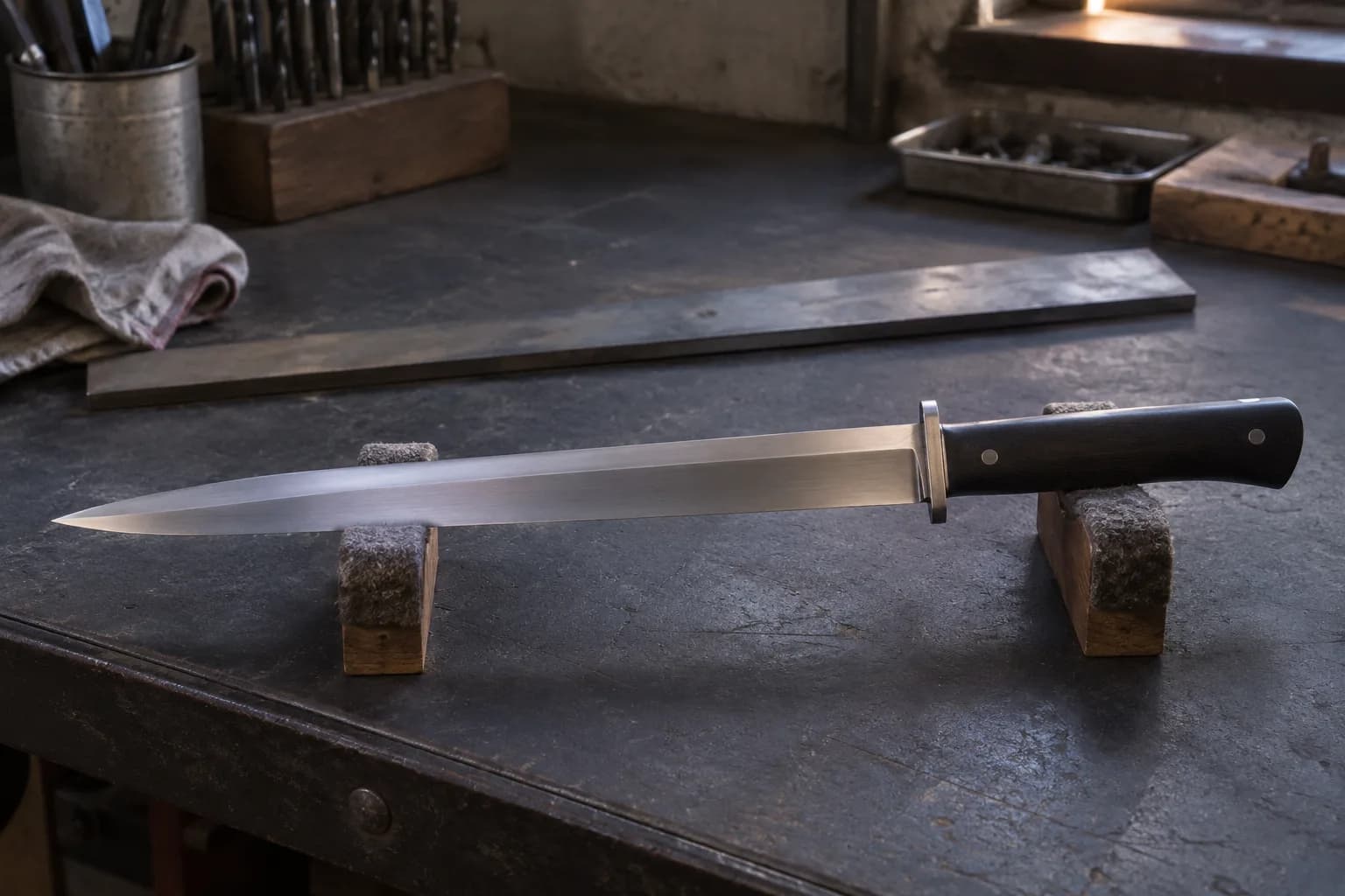 Slim double-edged satin blade with a small plain guard and dark pinned handle resting on two felt cradles beside flat steel stock
