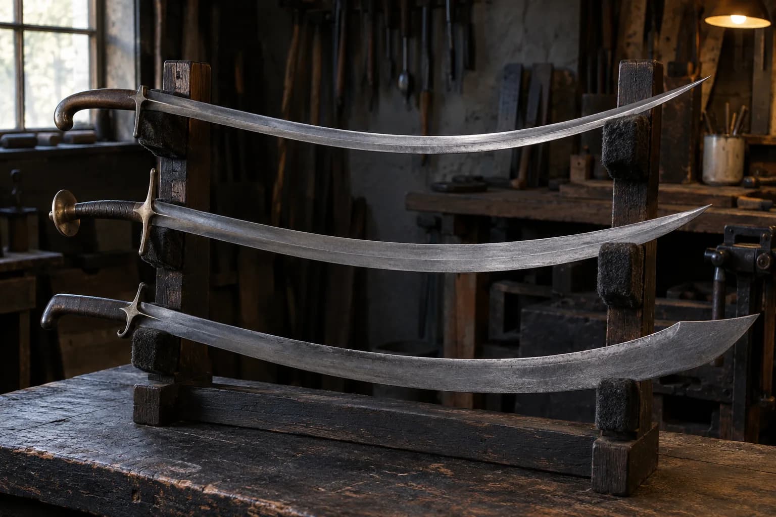 Three curved swords with differing hilts and tip shapes resting horizontally on foam pads in a dark wooden rack in a workshop.