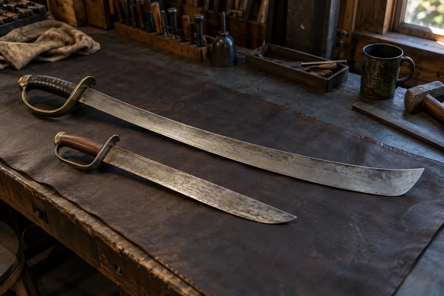 Broad curved saber with a hatchet-shaped tip lying beside a shorter cutlass with a brass hand guard on a leather bench pad.