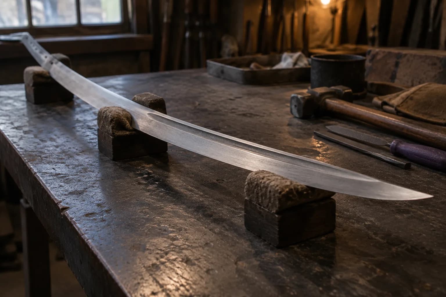 Unfinished curved saber blank with a shallow fuller resting on three padded wooden cradles on a worn steel workbench.