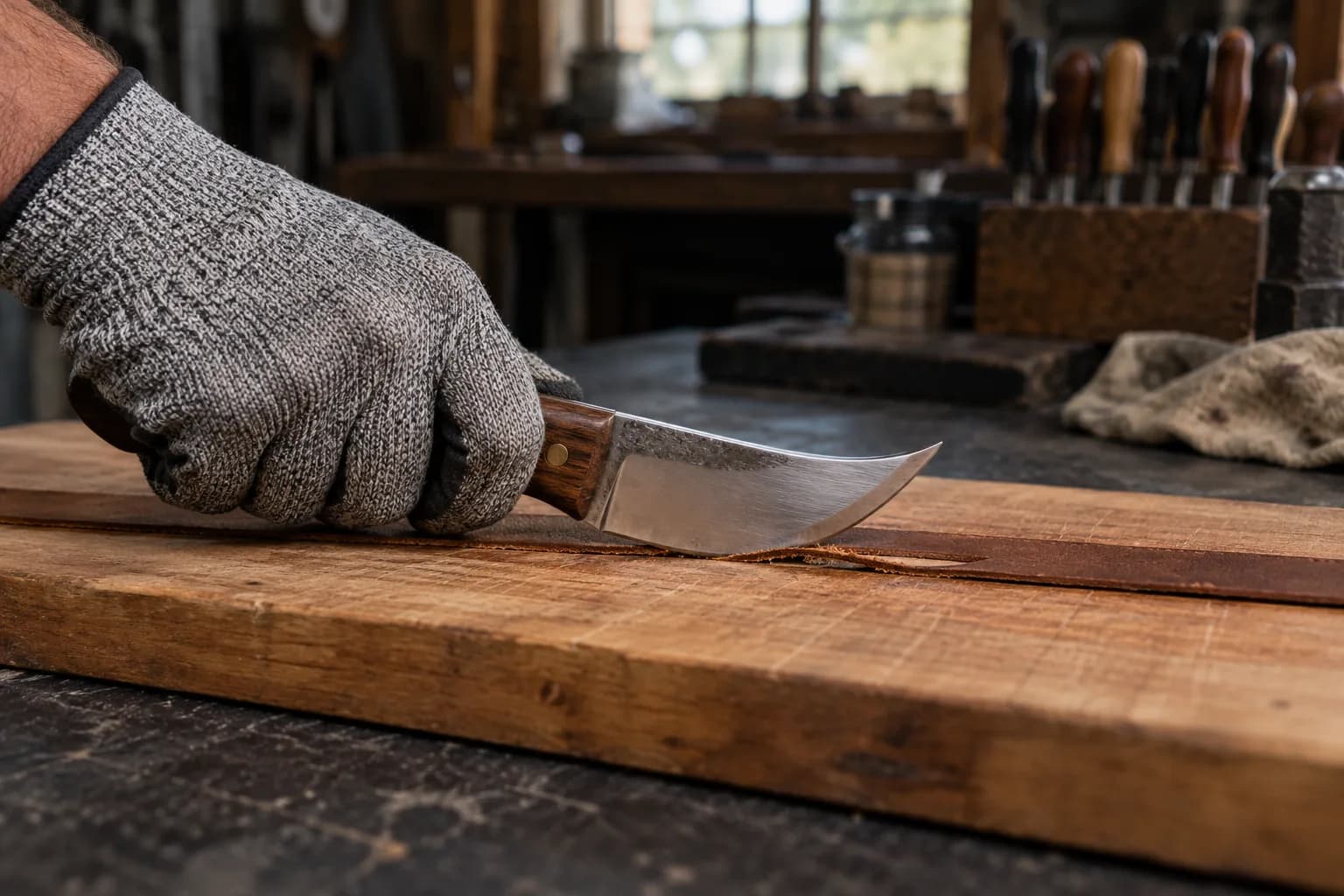Gloved hand draws a curved-belly knife along a leather strip on a hardwood board, leaving a short slit behind the blade.