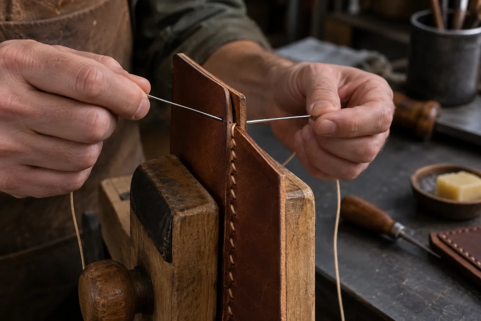 Two hands hold needles from opposite sides of a leather seam clamped in a wooden stitching pony, with stitches below.