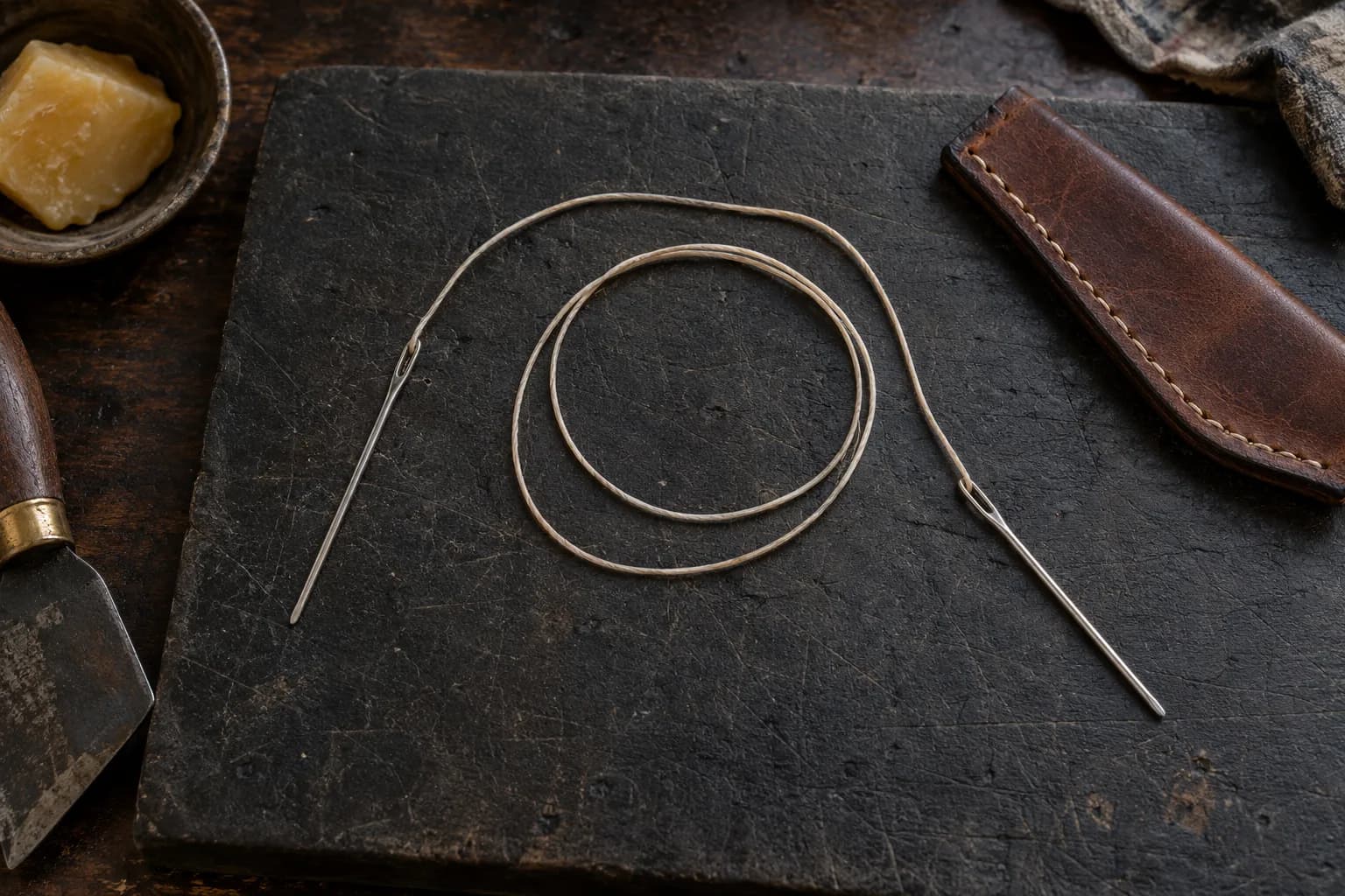 Waxed braided thread coiled on a charcoal board with a needle on each end, beside a wax block and a stitched sheath.
