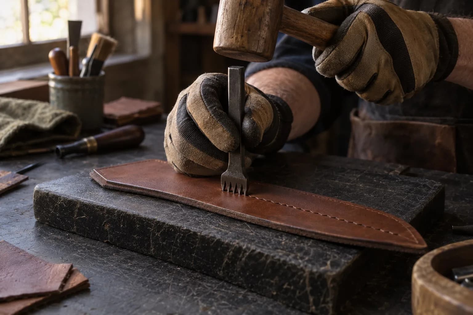 Gloved hand holds a diamond stitching iron on a leather sheath panel over a punching board, mallet raised above it.