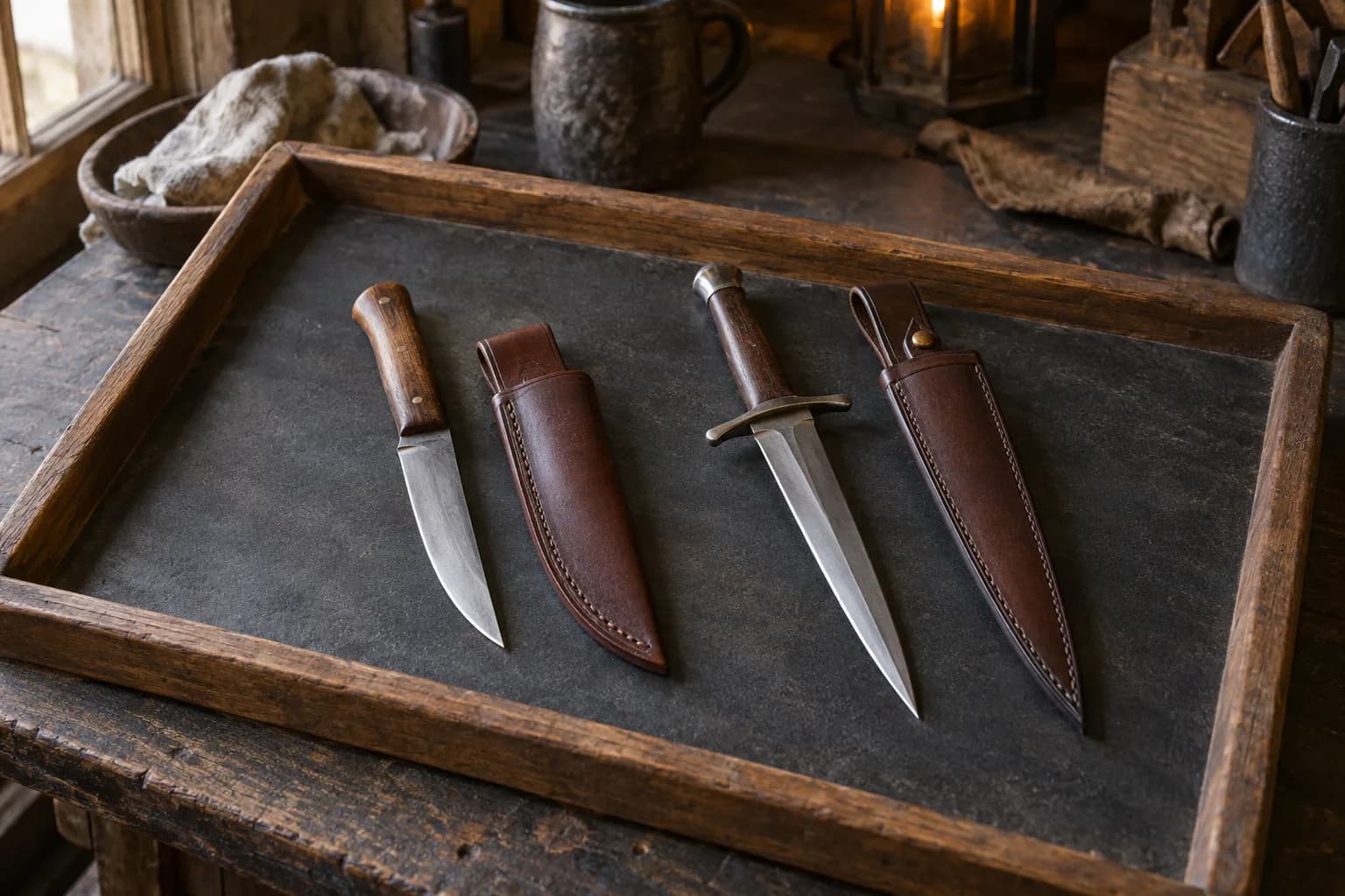 Plain belt knife and short crossguard dagger on a wood-framed tray, each beside a fitted stitched leather sheath.