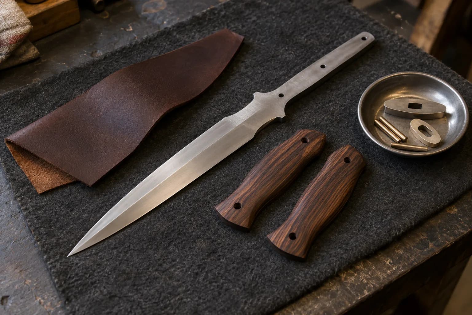 Double-edged dagger blank, two wood handle scales, sheath leather and a dish of pins and guard fittings on a charcoal mat.