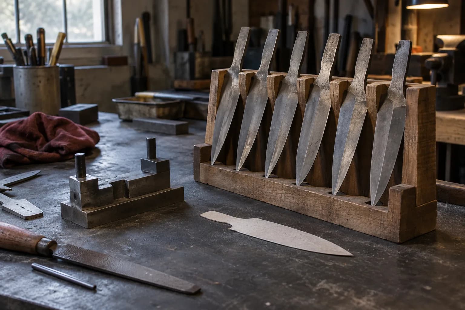 Six matching forged dagger blanks standing point-down in a slotted wooden rack beside a flat profile template and steel fixture.