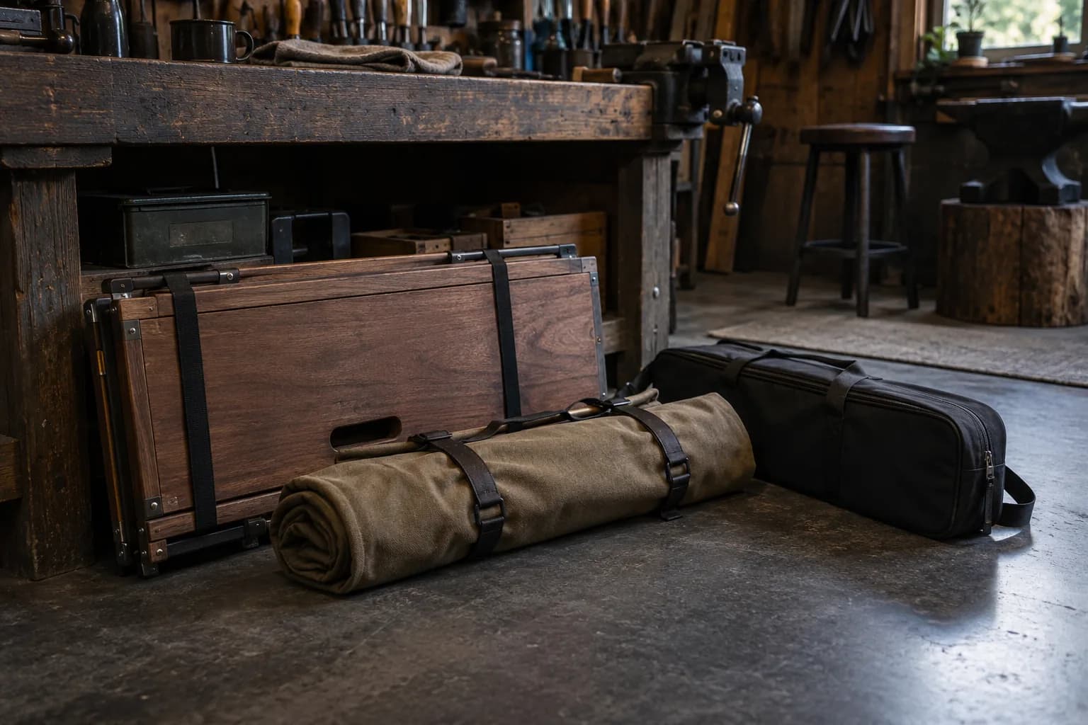 Folded wooden display table, strapped canvas roll and padded black case packed on a shop floor beside a workbench.