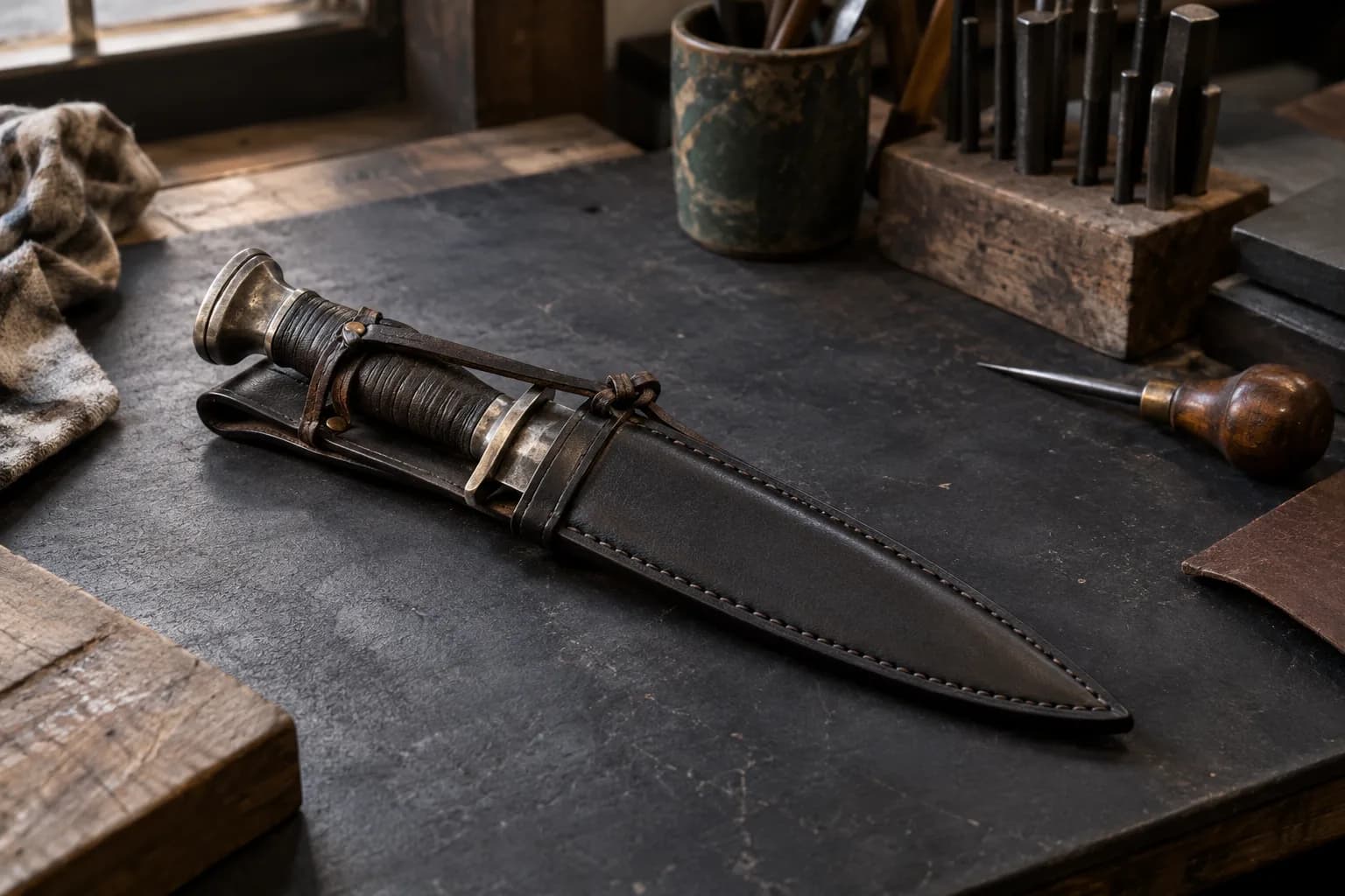 Antiqued dagger with wrapped grip sitting in a stitched leather sheath, a leather peace-tie strap knotted across the hilt.