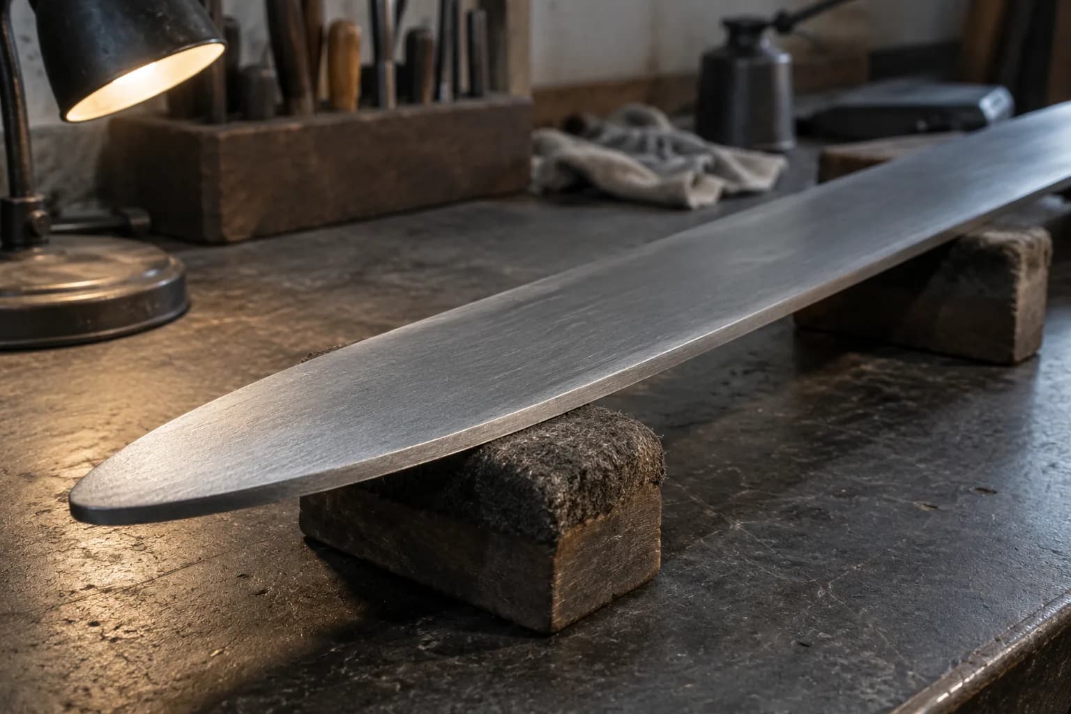 Rounded tip and blunt edge of a long plain steel blade resting on padded wooden blocks beside a shop lamp.