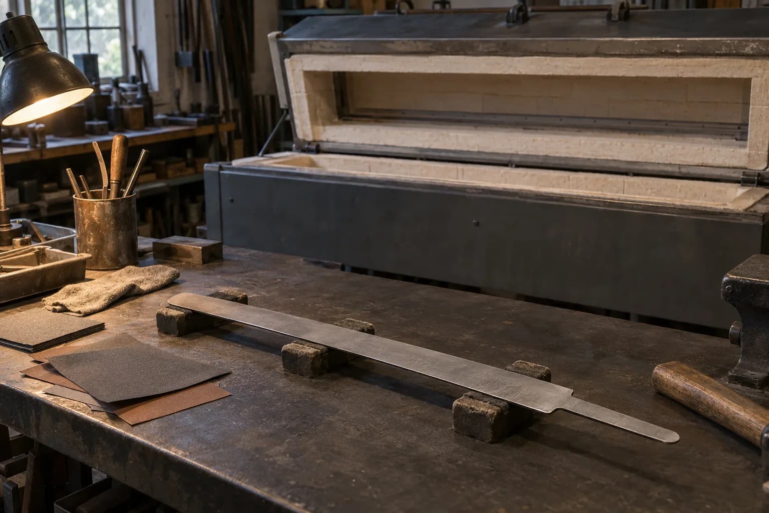 Long unsharpened steel stage blade blank resting on small wooden blocks on a dark bench, beside sandpaper, a lamp and a cold open kiln.