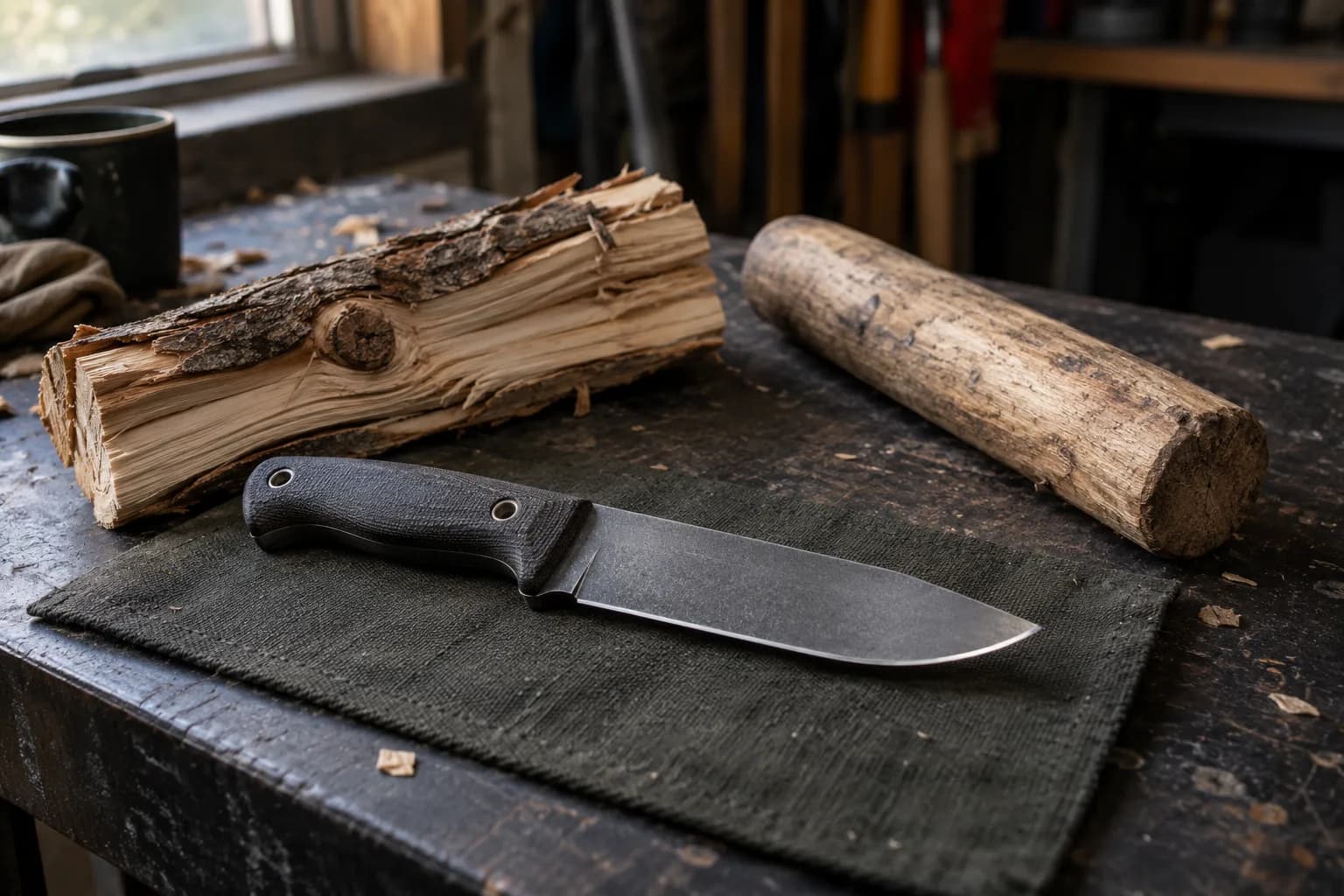 Black-handled fixed blade on a green canvas pad beside a knotty split log and a round wood baton on a dark bench.