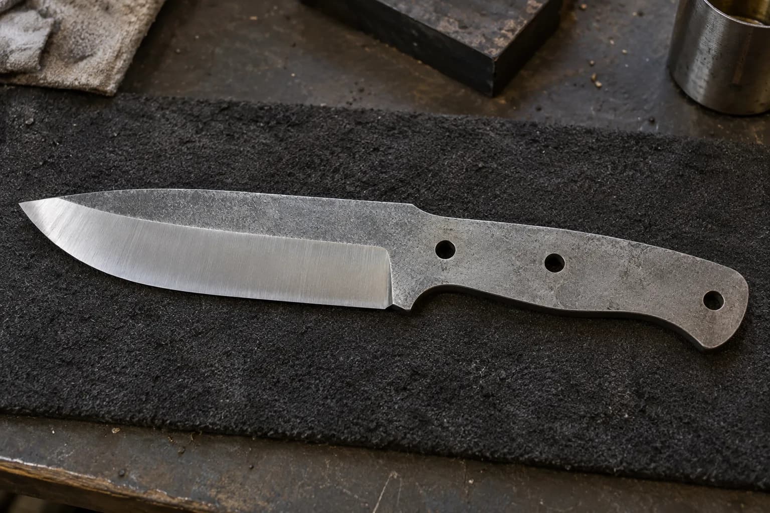 Unhandled full-tang knife blank on a dark pad with a wide tang, three pin holes, smooth radiused shoulders and a drop point.
