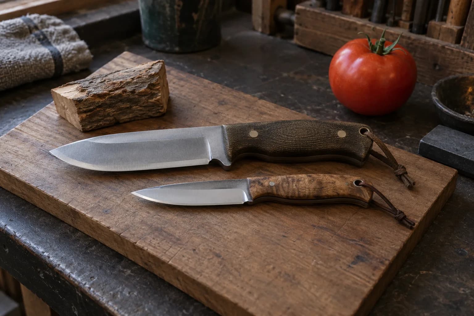 Stout drop-point knife with a dark handle above a smaller slim knife with a burl handle on a wood board, a tomato nearby.