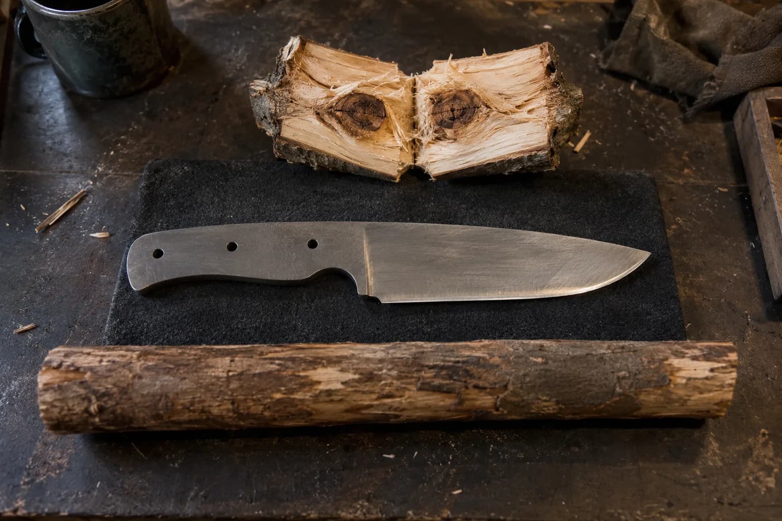 Bare full-tang knife blank on a black pad beside freshly split knotted wood and a bark-covered wooden baton.