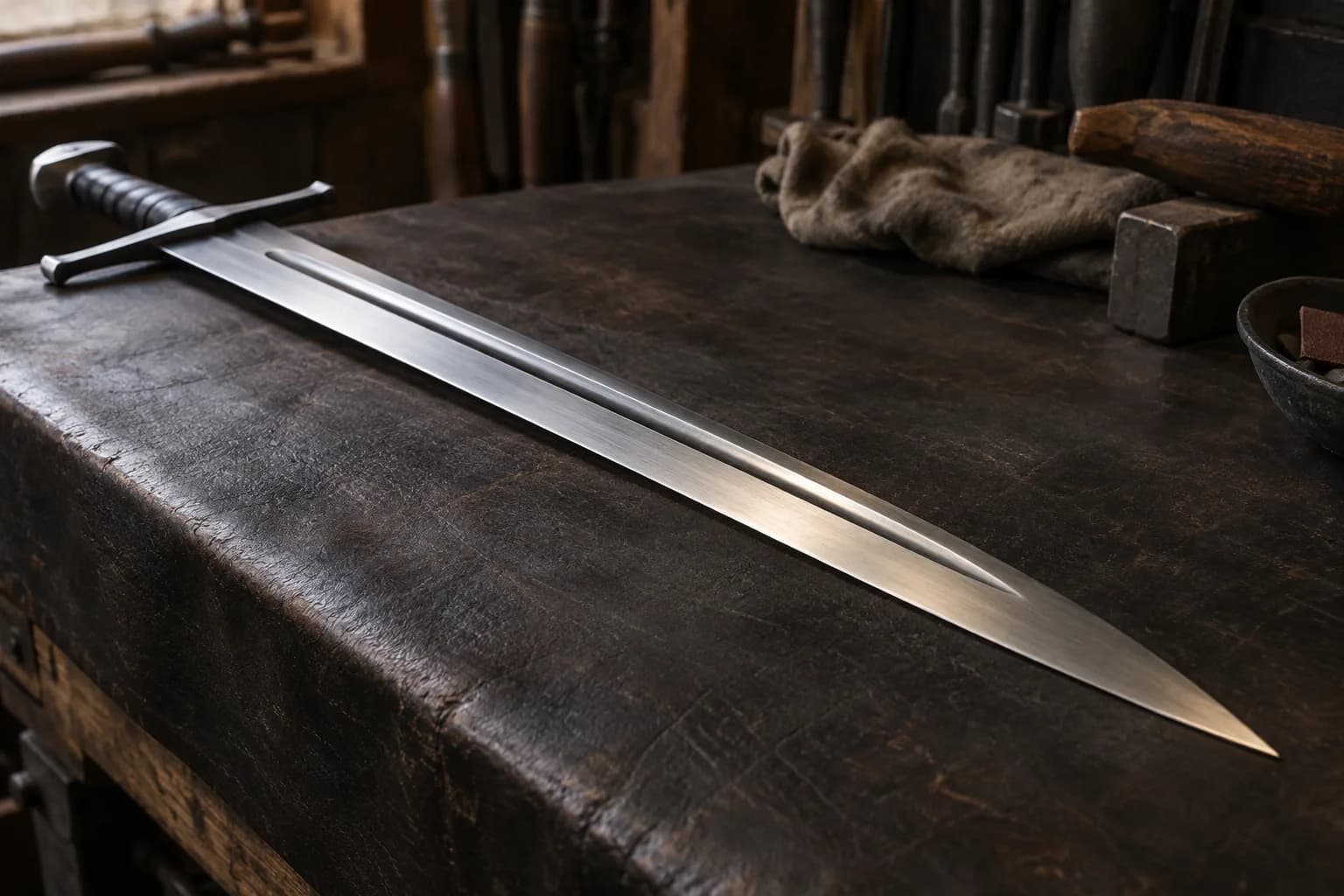 Sword with a shallow central fuller groove ending short of the point, lying on a dark worn leather bench in a small shop
