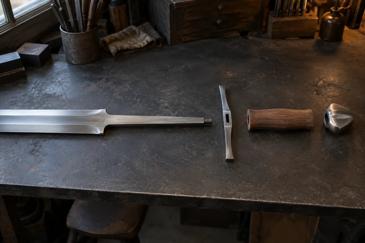 Sword blade with a long threaded tang laid in line with a slotted crossguard, wood grip core and pommel on a dark bench.