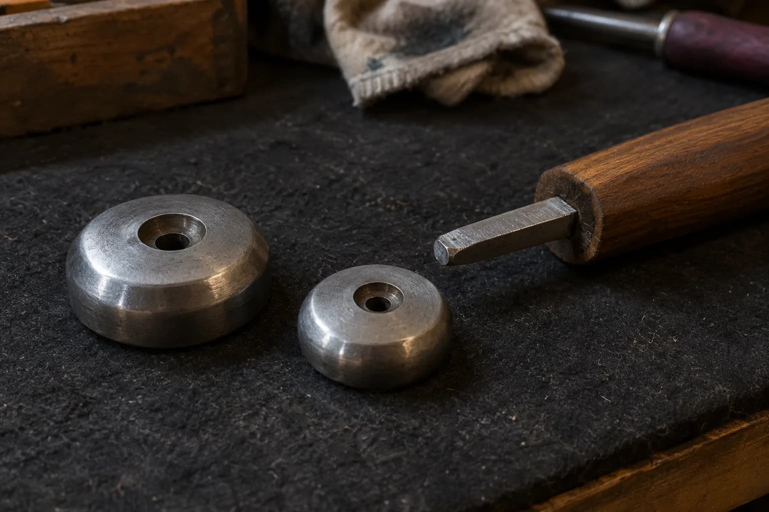 Two steel wheel pommels of different size on black felt beside a bare oak grip with its square steel tang end exposed.