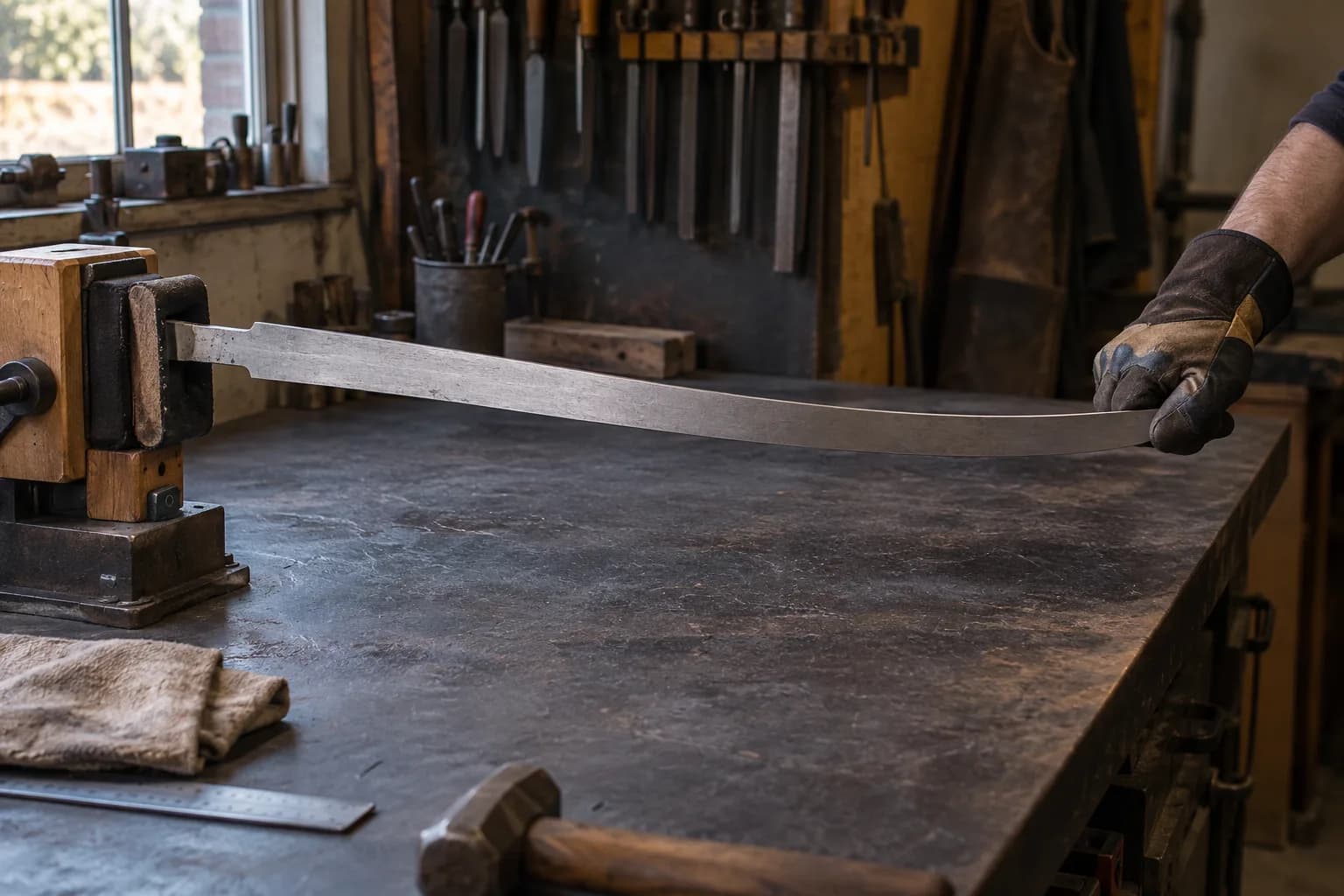 Gloved hand flexing a long unfinished sword blank whose tang is clamped in a padded bench vise
