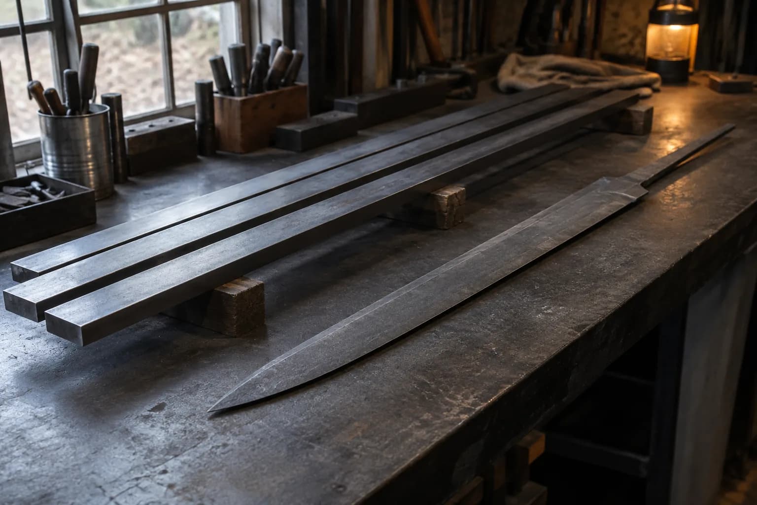 Three long steel bars on wooden blocks beside a rough tapered sword blank with an integral tang on a dark bench