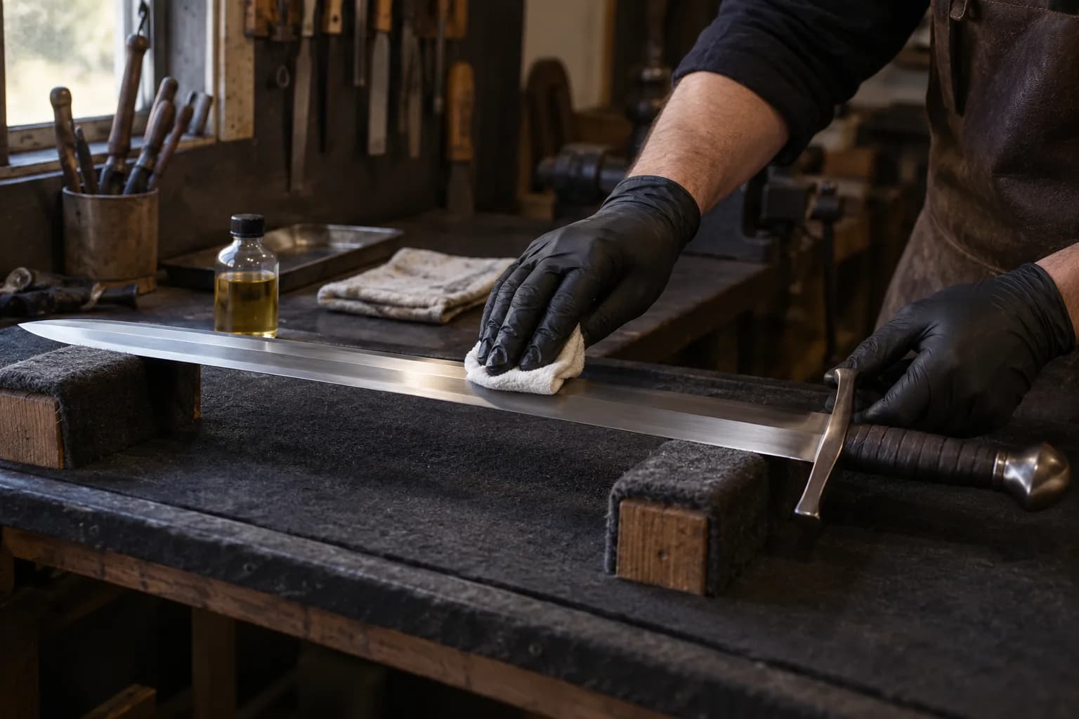 Gloved hands wiping a thin oil film onto a polished sword blade on padded blocks, small oil bottle behind