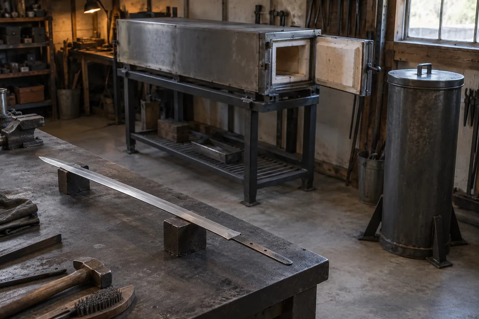 Sword blank on blocks before a long electric kiln with its end door open and a tall lidded quench tank