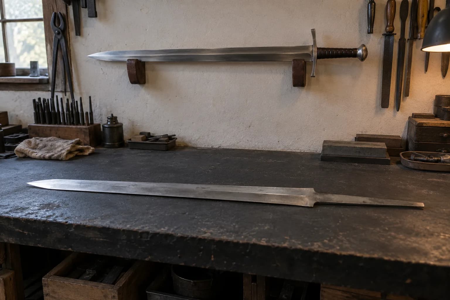 Plain sword resting on wooden wall cradle blocks above a bare sword blank with a one-piece tang on a dark workbench.