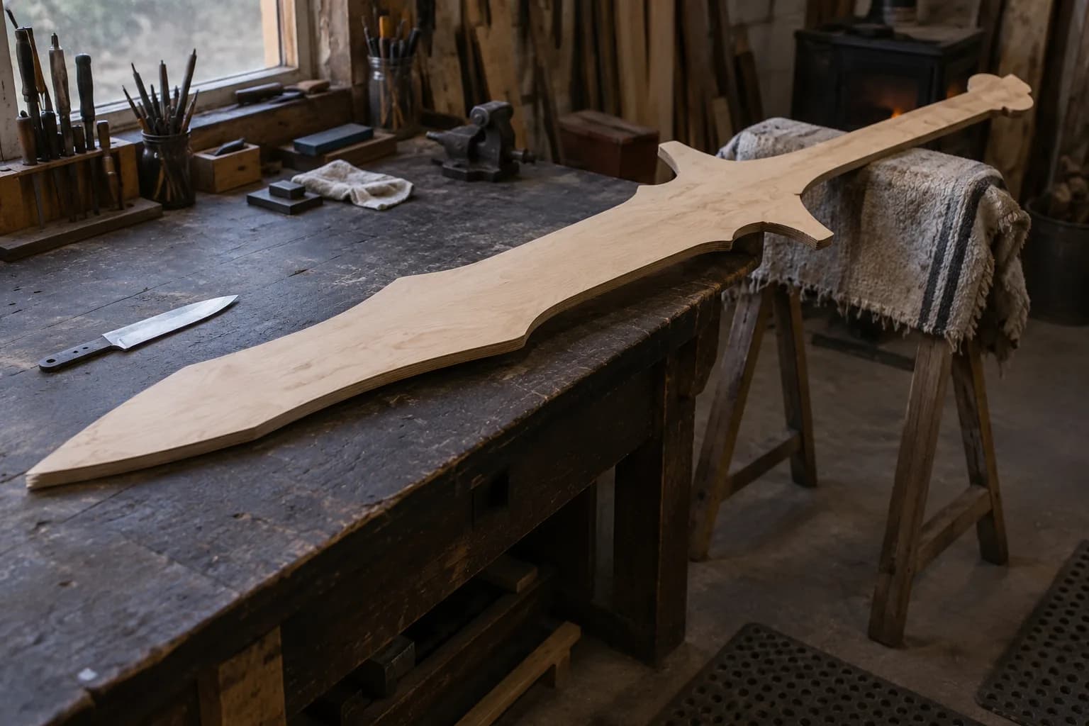 Large plywood sword-profile mock-up laid across a workbench and a blanket-draped sawhorse, with a small knife blank beside it.