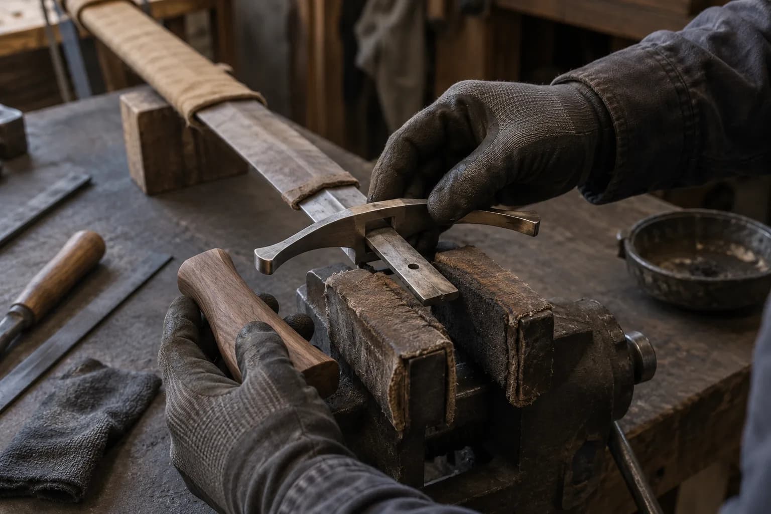 Gloved hands fit a curved slotted guard onto a tang in padded vise jaws while holding a shaped walnut grip.