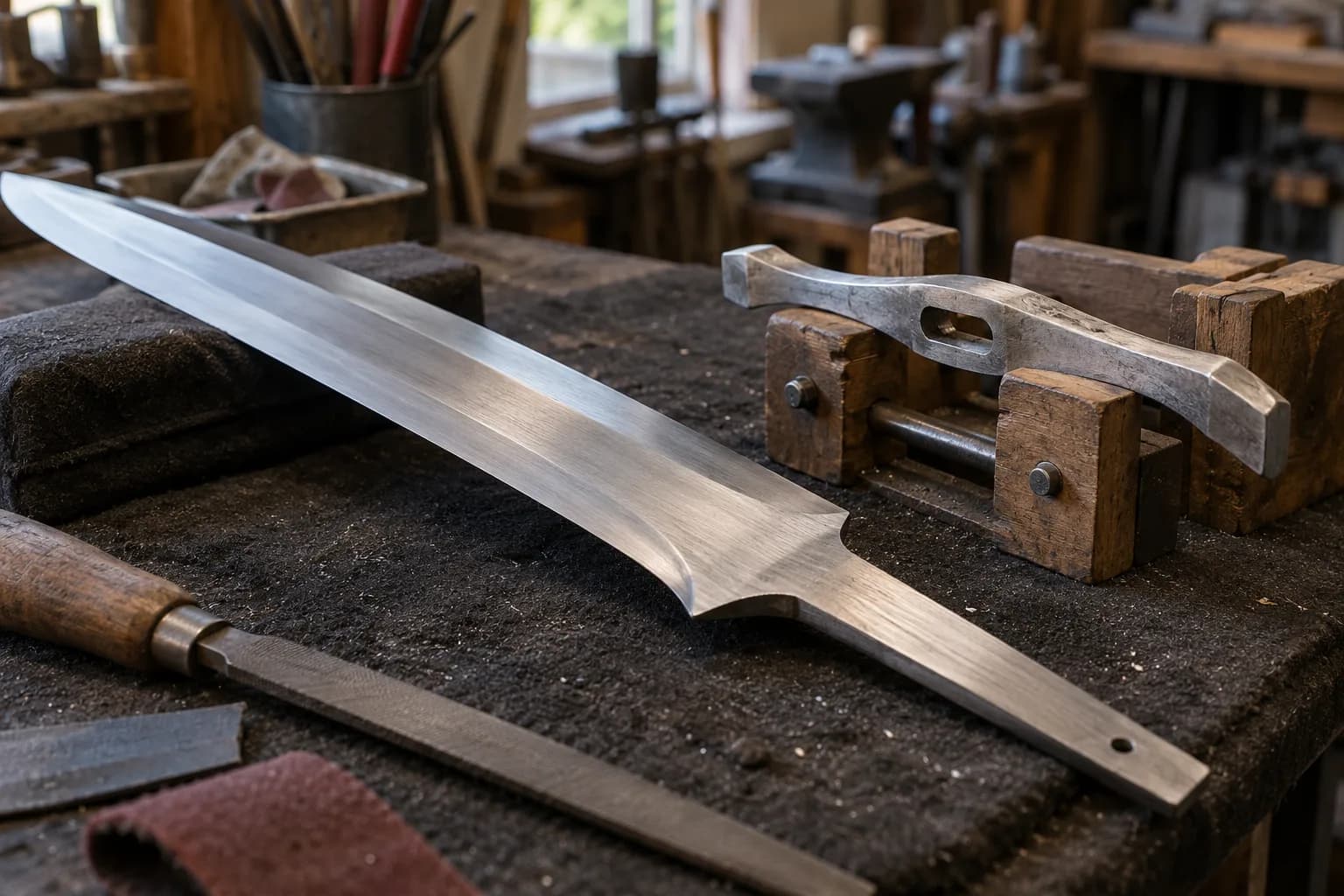 Unhandled sword blade blank with a pin-hole tang beside a slotted crossguard held in a wooden jig on a padded bench.