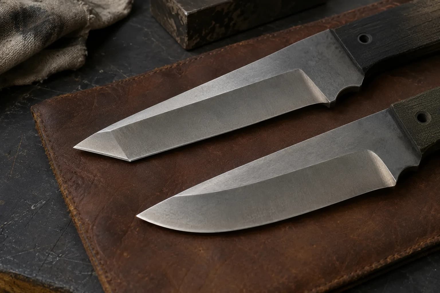 Tanto with an angular secondary point edge beside a drop-point blade with a curved belly, both lying on a leather pad.