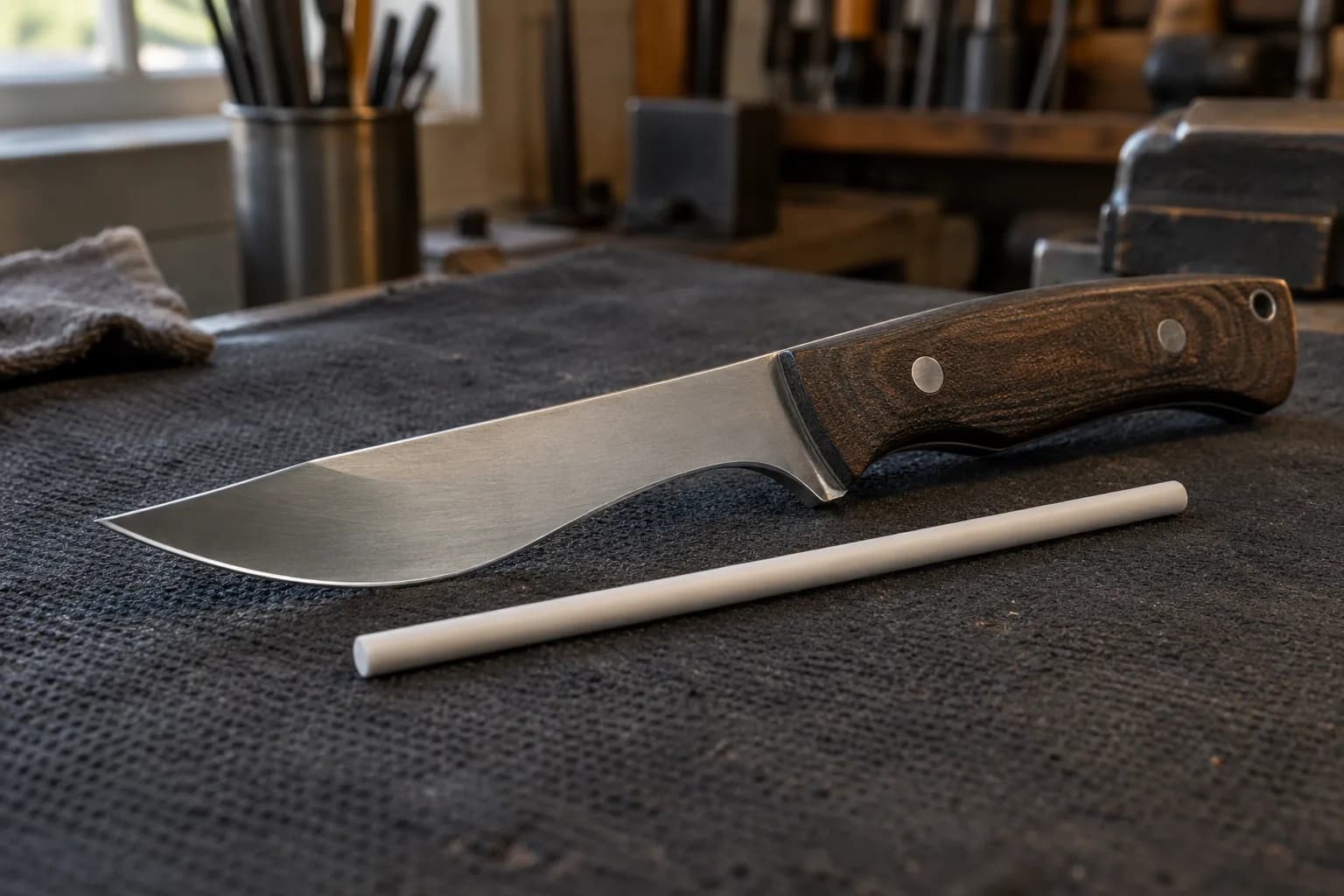 Recurve-edge knife with a dark wood handle lying on a dark mat beside a slim white ceramic rod, shop tools blurred behind