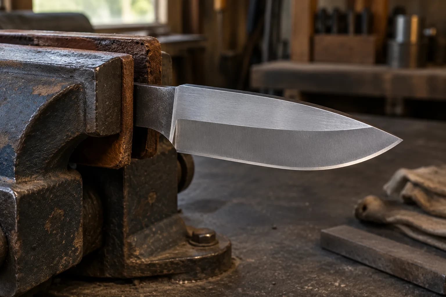 Unhandled drop-point blade with a wide upper flat above a lower sabre grind, its tang clamped in a worn cast-iron vise.