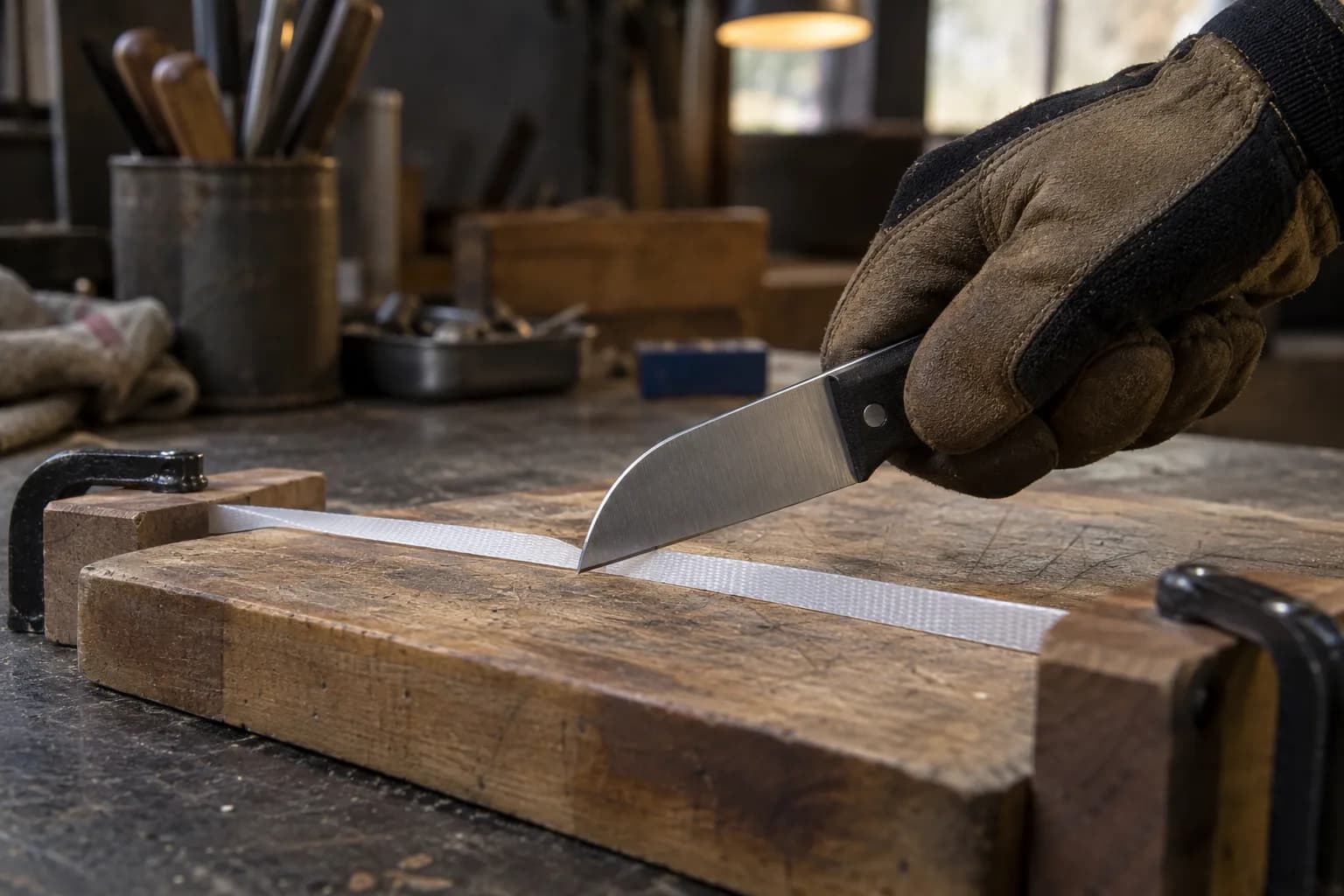 Gloved hand drawing a straight-edged sheepsfoot knife through white plastic strap clamped to a wooden board.