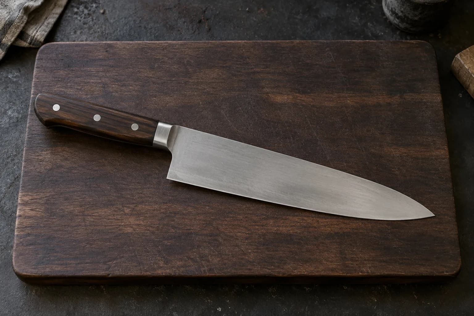Finished gyuto with a dark wood riveted handle lying on a dark wooden board, long near-flat edge curving up to a fine tip.
