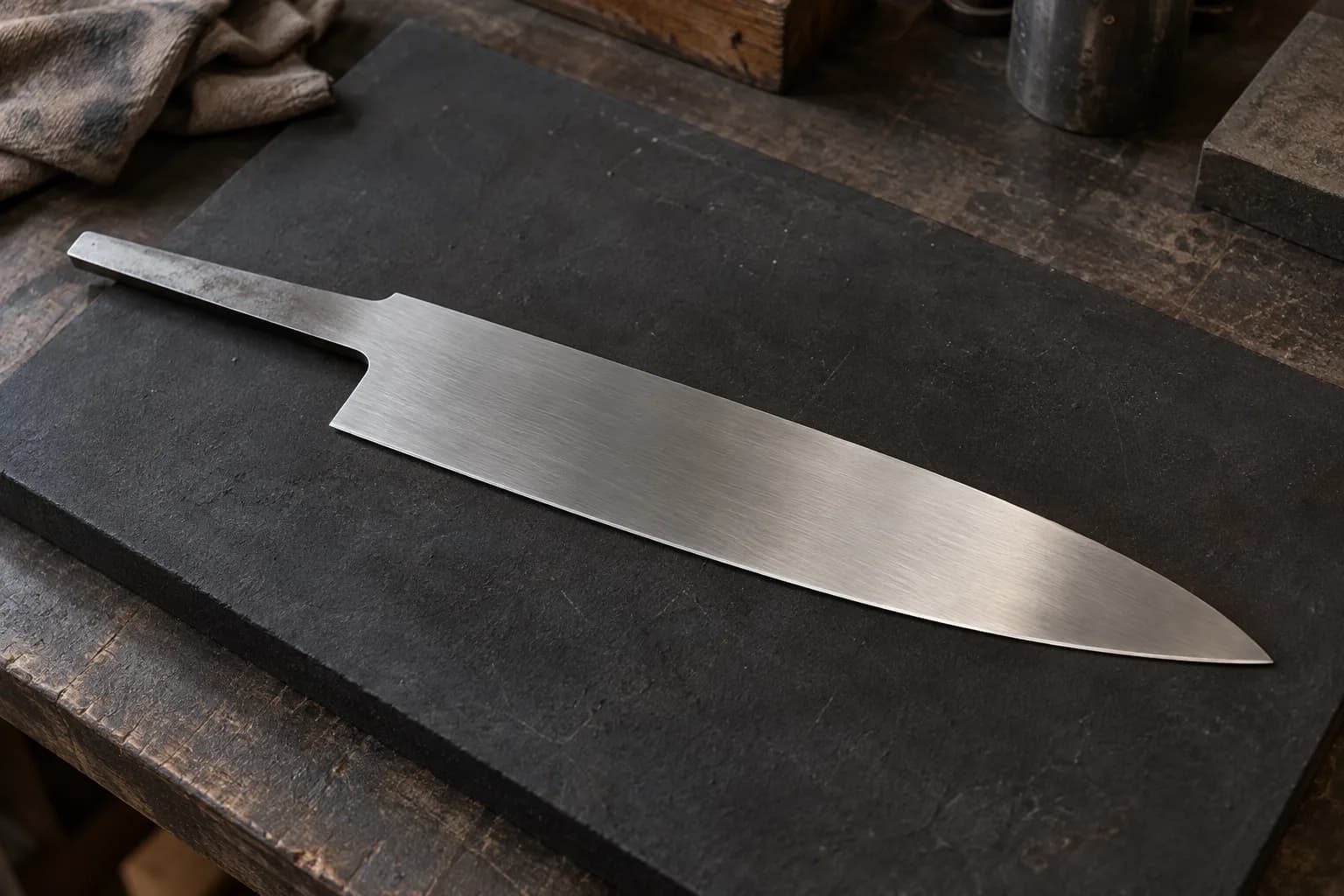 Unhandled gyuto blank with a satin full-flat grind and plain tang lying on a dark pad on a worn shop bench.