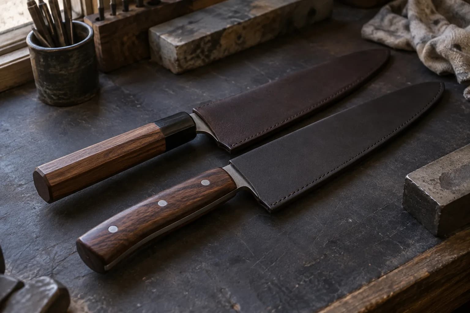 Octagonal wa handle with dark ferrule beside a pinned full-tang wood handle, both gyuto blades in leather sleeves.