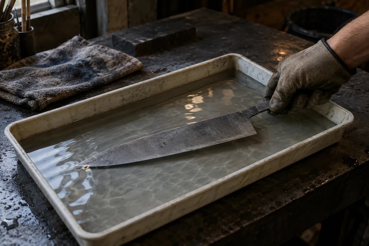 Gloved hand holding the tang of a thin gyuto blank lying submerged in a shallow white water tray on a wet bench.