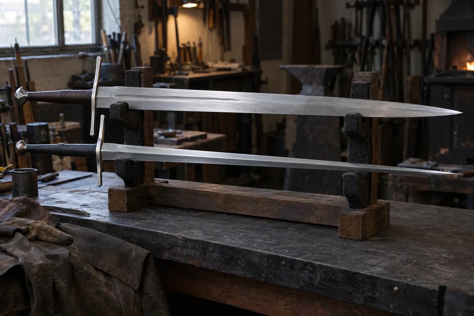 Two longswords on a padded wooden rack, one broad with a fuller, the other a slimmer, tapering blade, in a dim forge shop.