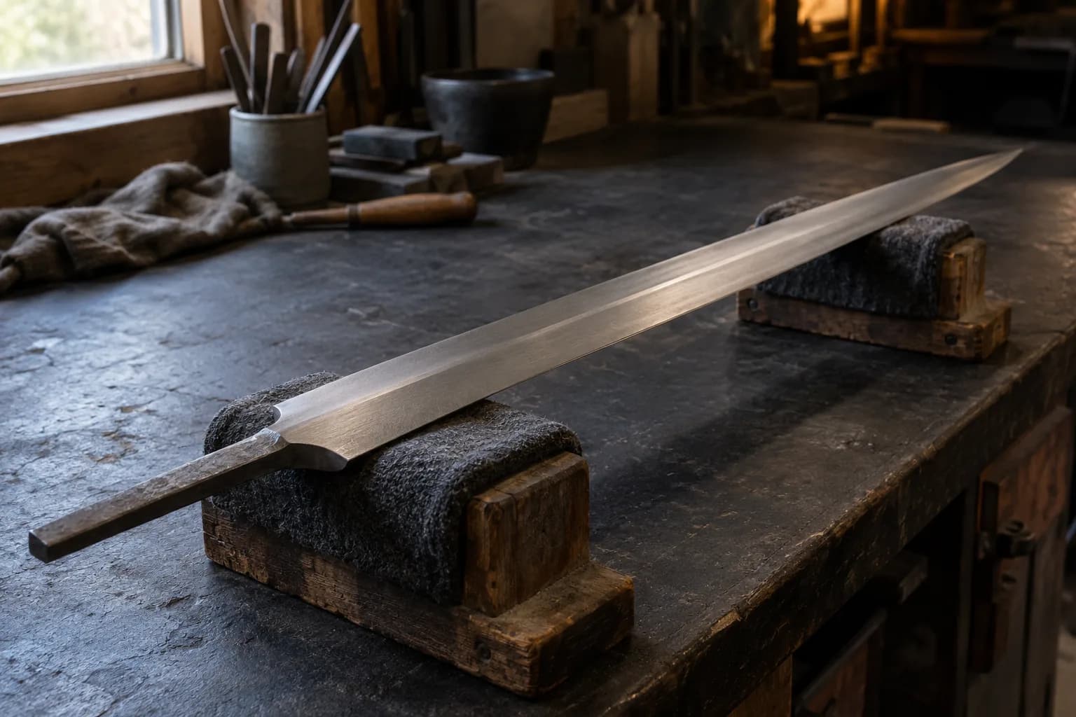 Unfinished longsword blade with a tang resting on two padded wooden cradles along a long dark workbench.