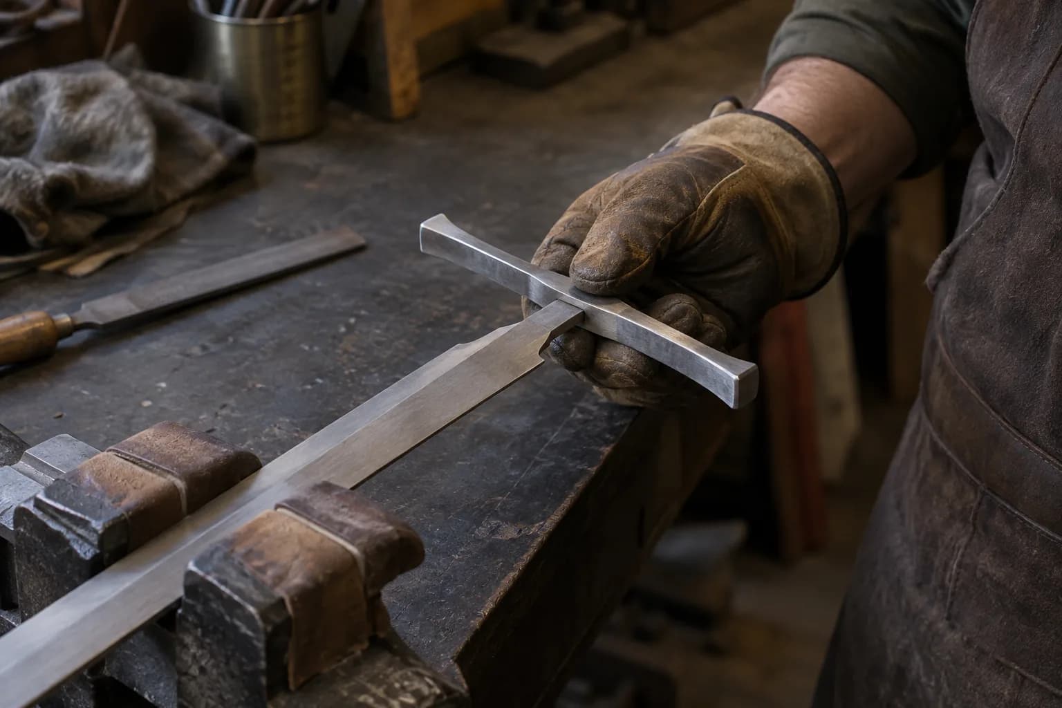 Gloved hand fitting a plain steel crossguard onto the tang of a longsword blade clamped in padded vise jaws.
