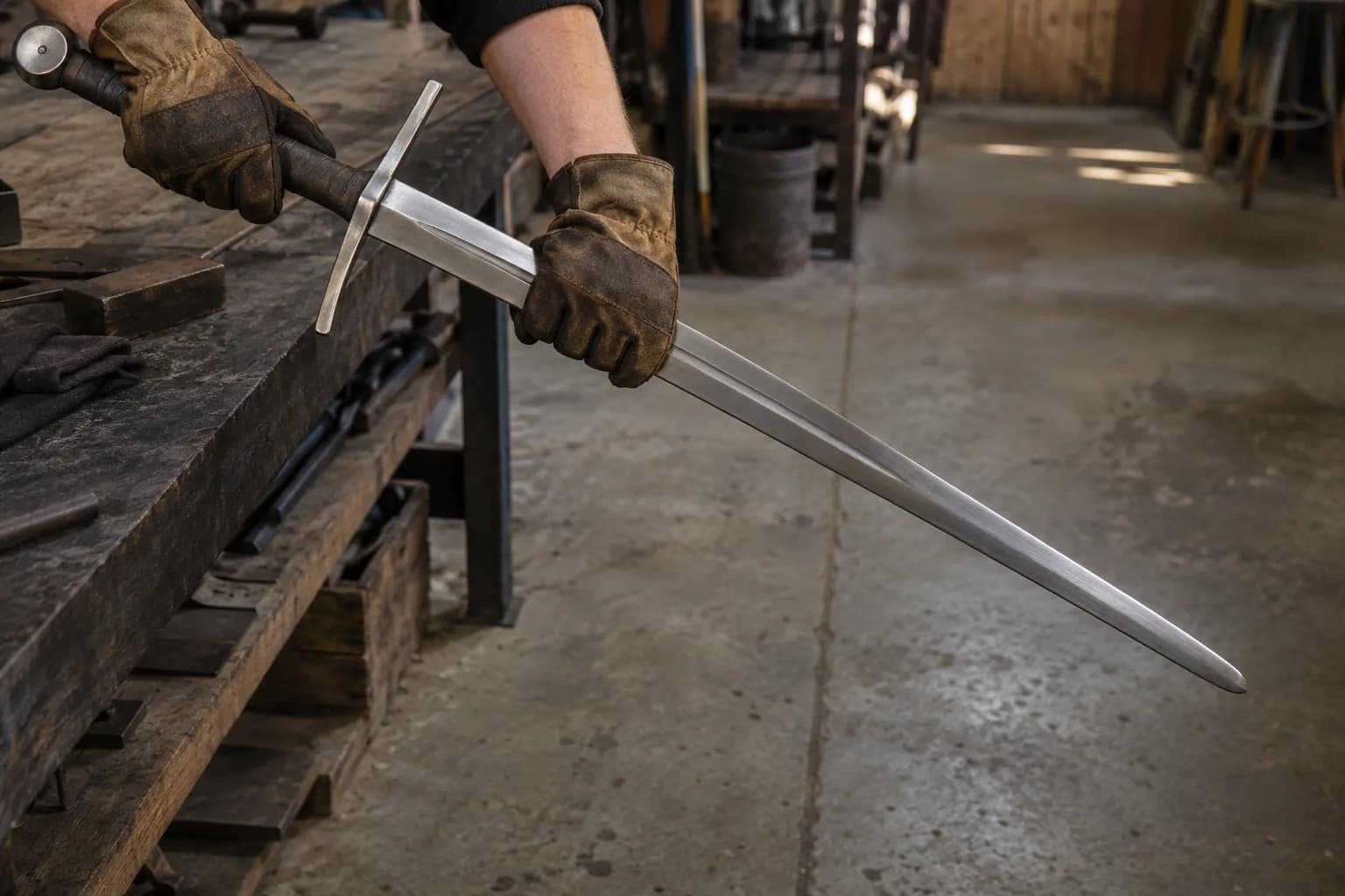 Gloved hands hold a bright fullered longsword, one on the grip behind the crossguard, one on the blade ahead of it.