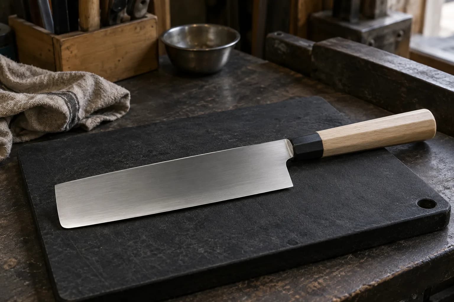 Thin rectangular nakiri with a pale wooden handle lying on a dark board on a worn shop bench.