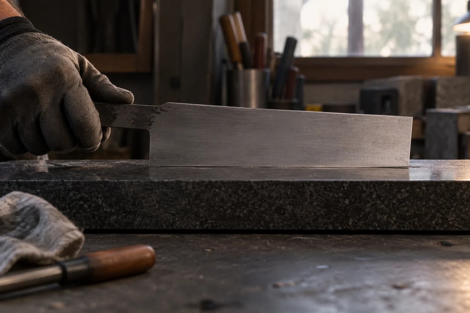 Gloved hand holds an unsharpened nakiri blank upright by the tang with its straight edge resting on a granite surface plate.